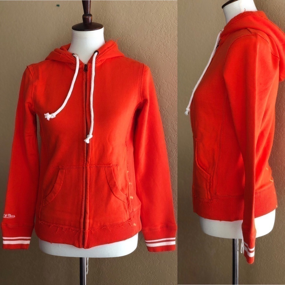 NWOT Mitchell & Ness Orange Distressed Full Zip Hoodie Women's M - Picture 2 of 8